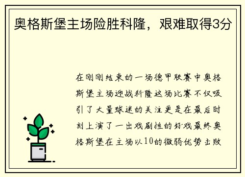 奥格斯堡主场险胜科隆，艰难取得3分
