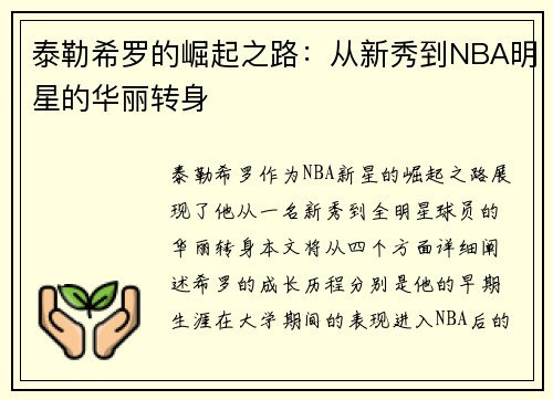 泰勒希罗的崛起之路：从新秀到NBA明星的华丽转身
